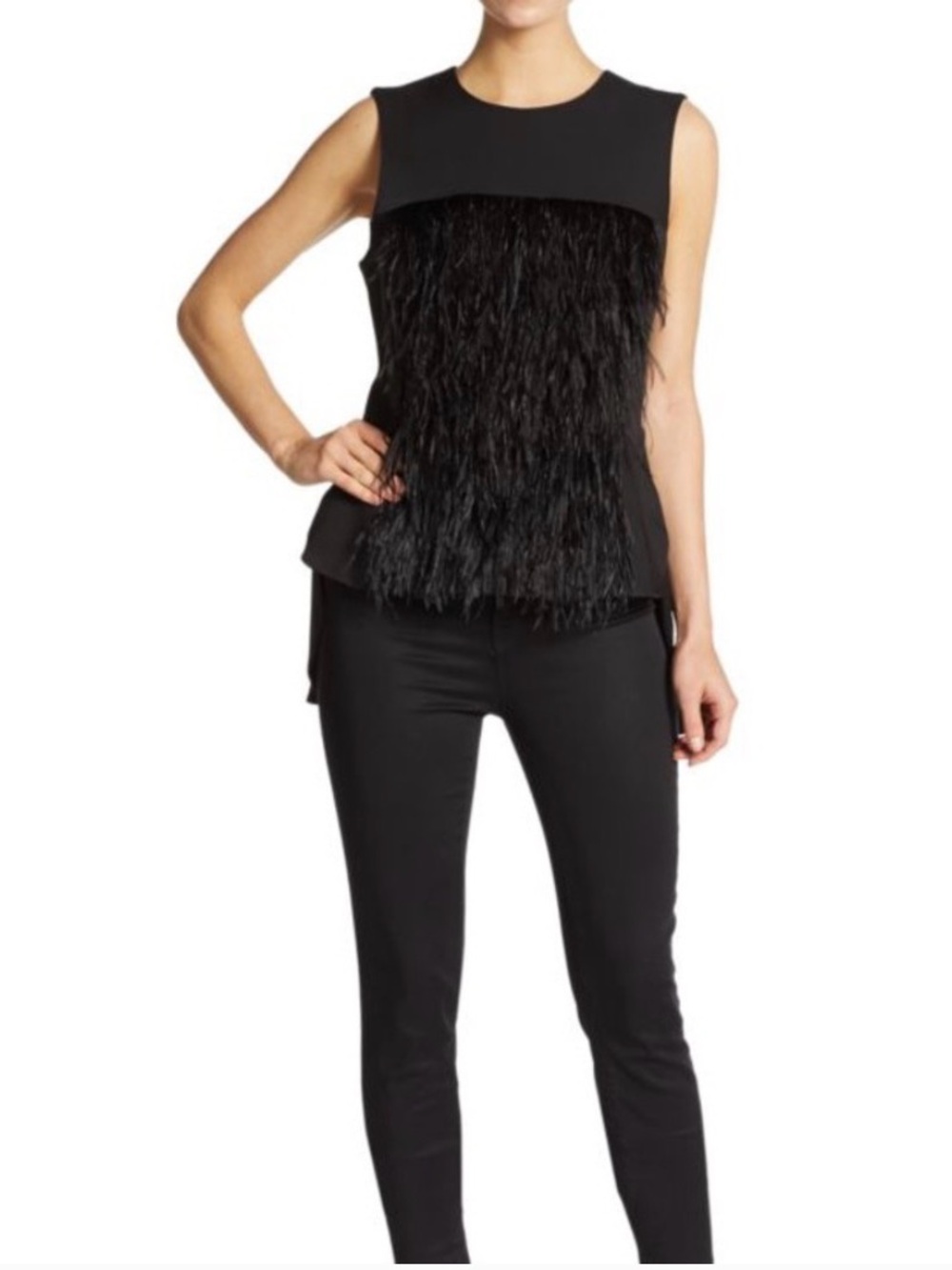 BCBGMaxAzria Black Sleeveless Ostrich Feather-Front Top